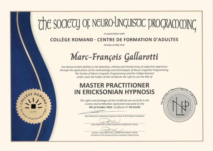 Certificat de Maître Praticien en hypnose ericksonienne délivré par la NLP.
